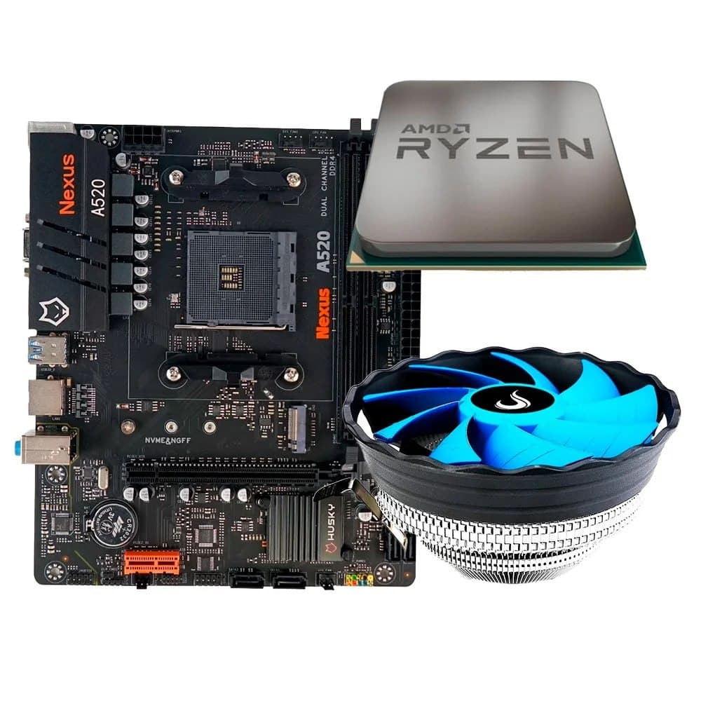 Placa-Mãe Husky Nexus A520 + Processador AMD Ryzen 5 5500F + Air Cooler Gamer Rise Mode X2