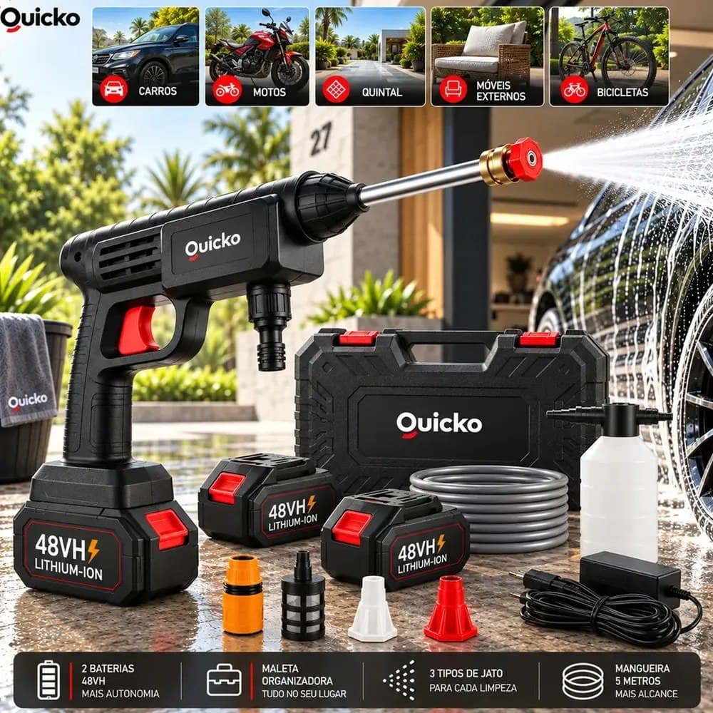 Lavadora De Alta Pressão Vap Portátil Sem Fio Bateria Lava Jato Elétrica Recarregável P/ Lavar Carro Moto Quintal C/ 2 Baterias Quicko Bico Mangueira Dispenser De Sabão Lavadora Al