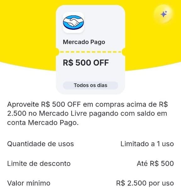 Compre R$2.500 reais no Mercado Livre e ganhe R$500 de desconto pagando com saldo em conta do Mercado Pago