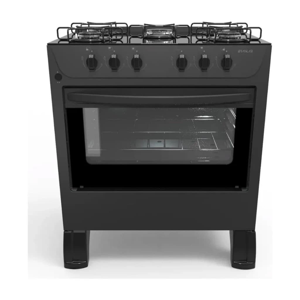 Fogão De Piso á Gás Braslar Carina 5 bocas Preto com Mesa de Vidro Acendimento Automático