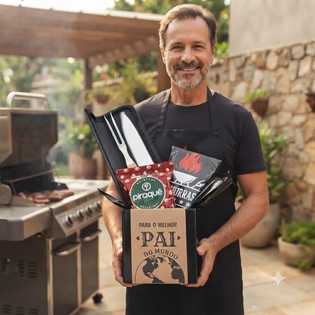Kit Churrasco Presente Faca Aço Inox Avental Cozinha 3 Peças