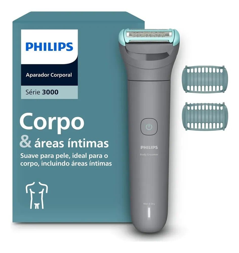 Philips Aparador de pelos Body Groomer Série 3000 para Corpo e Região Íntima Pele lisa com mais conforto | Apara e raspa com conforto| Uso seco e molhado | 80 min sem fio | Bg3480/