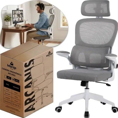 Cadeira Escritório Presidente Ergonômica Nr17 Marqs Home Arcanis Cinza Apoio Lombar Mesh