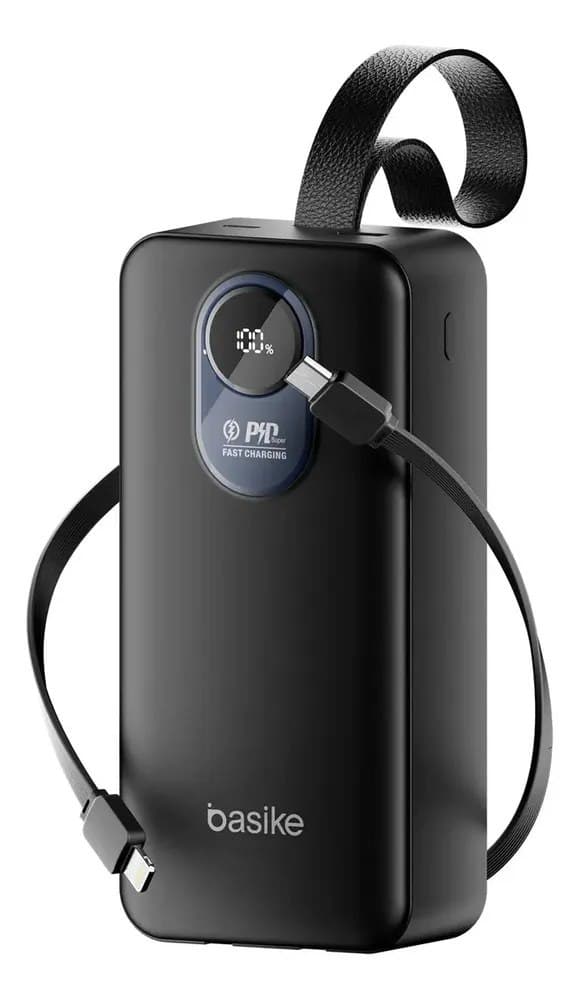 Power Bank Basike 30.000mAh Portátil, Carregamento Rápido 22.5W, com Cabos Embutidos e Display Led para iPhone e Samsung