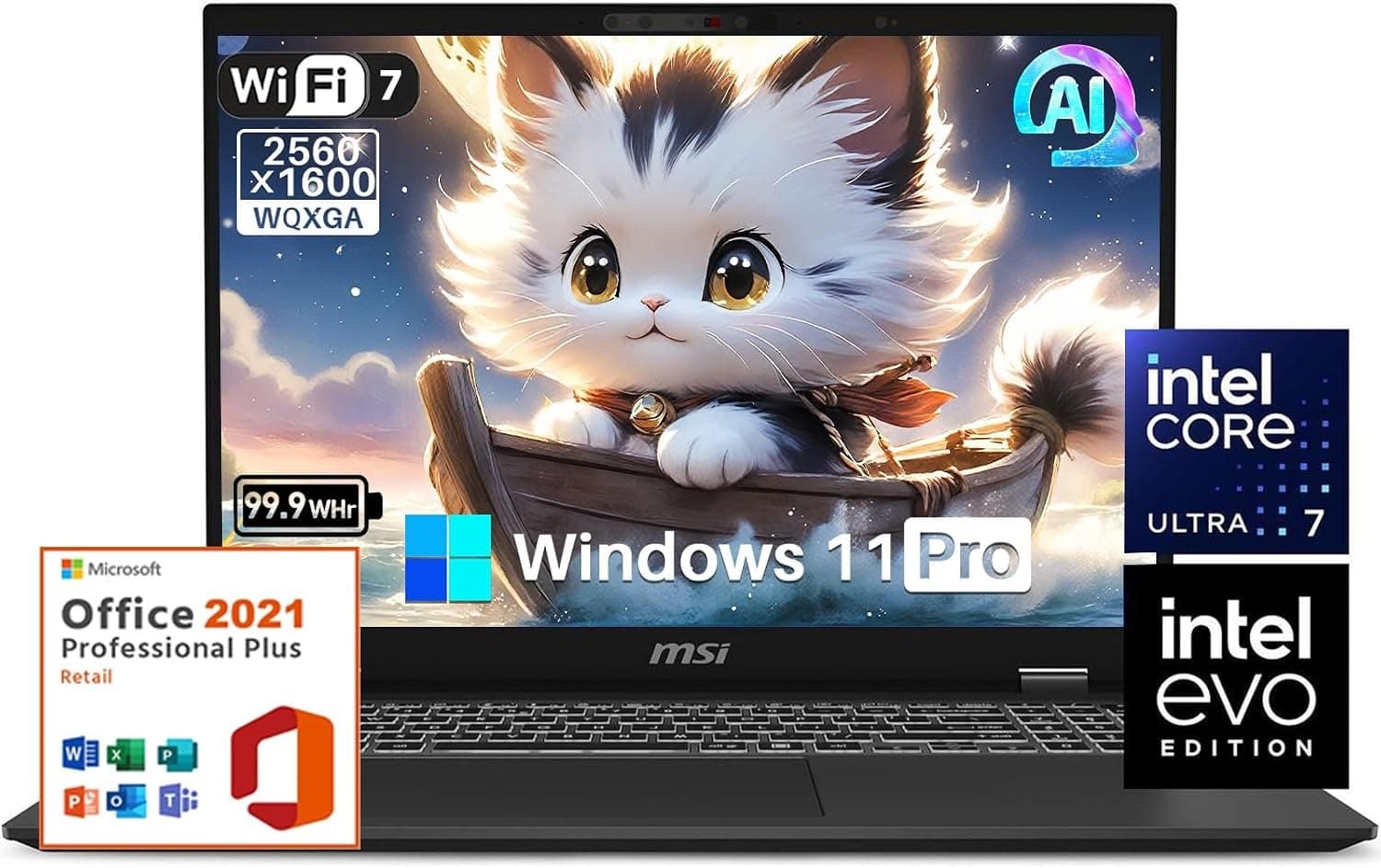 MSI Notebook Prestige 16 AI EVO, Intel Ultra 7-155H, Intel Arc Graphics, 40.6 cm QHD+ 400nits Dispaly, 64 GB LPDDR5 RAM, 2 TB SSD, Wi-Fi 7, AI Engine, Windows 11 Pro, MS Office Lifetime License