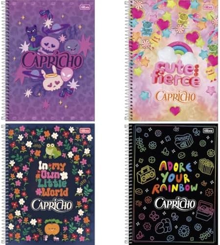 Kit de Cadernos, Tilibra, 10 Matérias, Capa Dura, Capricho Fit, 160 Folhas, Pacote com 4