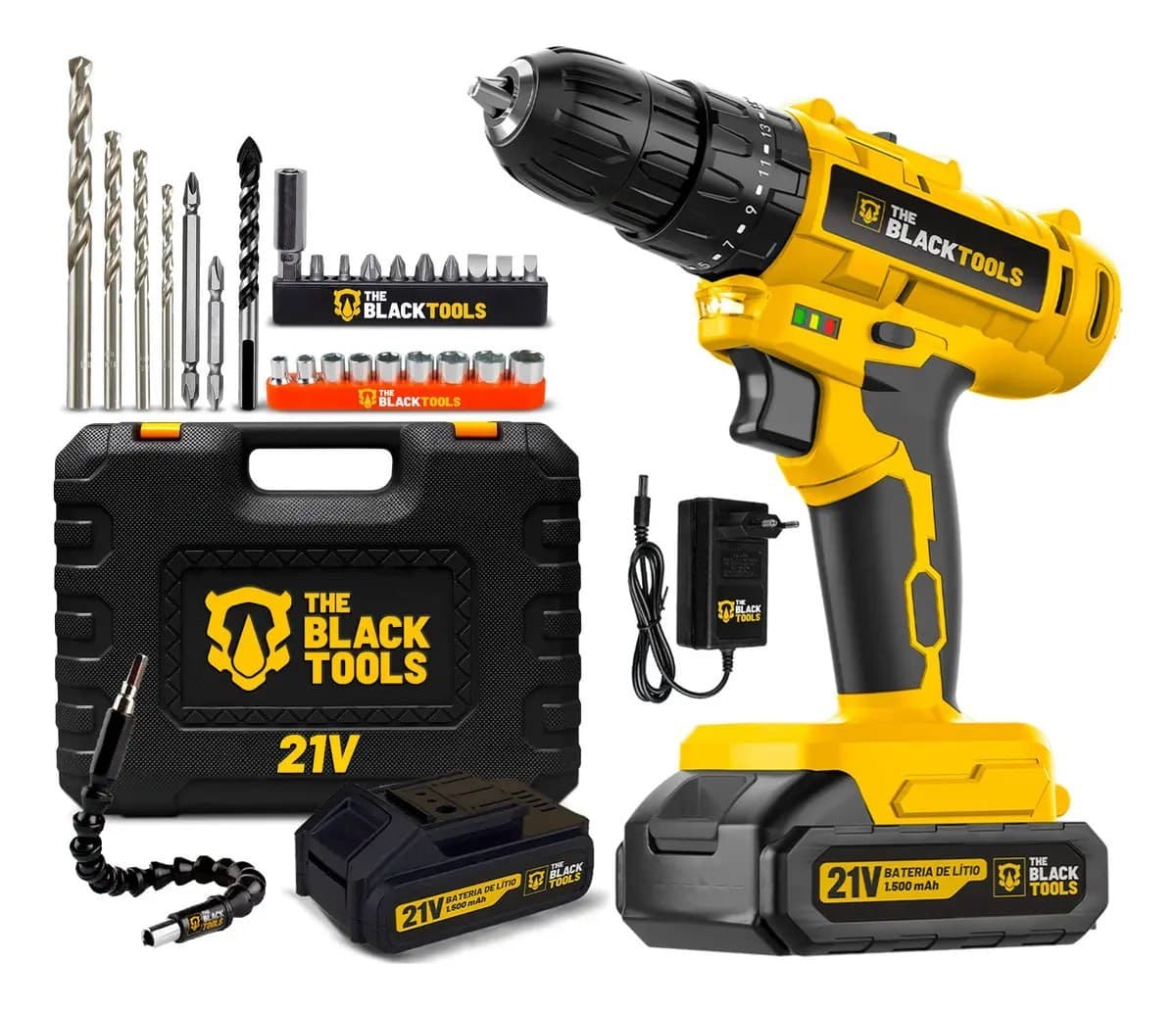 Parafusadeira Furadeira De Impacto A Bateria 21V 3/8” Bivolt 1400 Rpm Com Acessórios E Maleta