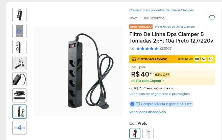 Filtro De Linha Dps Clamper 5 Tomadas 2p+t 10a Preto 127/220v