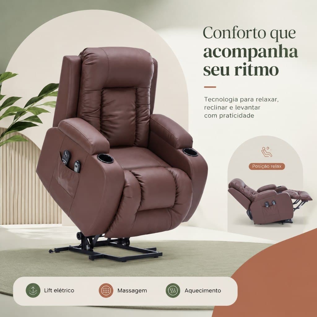 Poltrona de Massagem Poltrona Reclinável Poltrona do Papai Austin Elevação Lift 150º Pu Marrom Chocolate G94