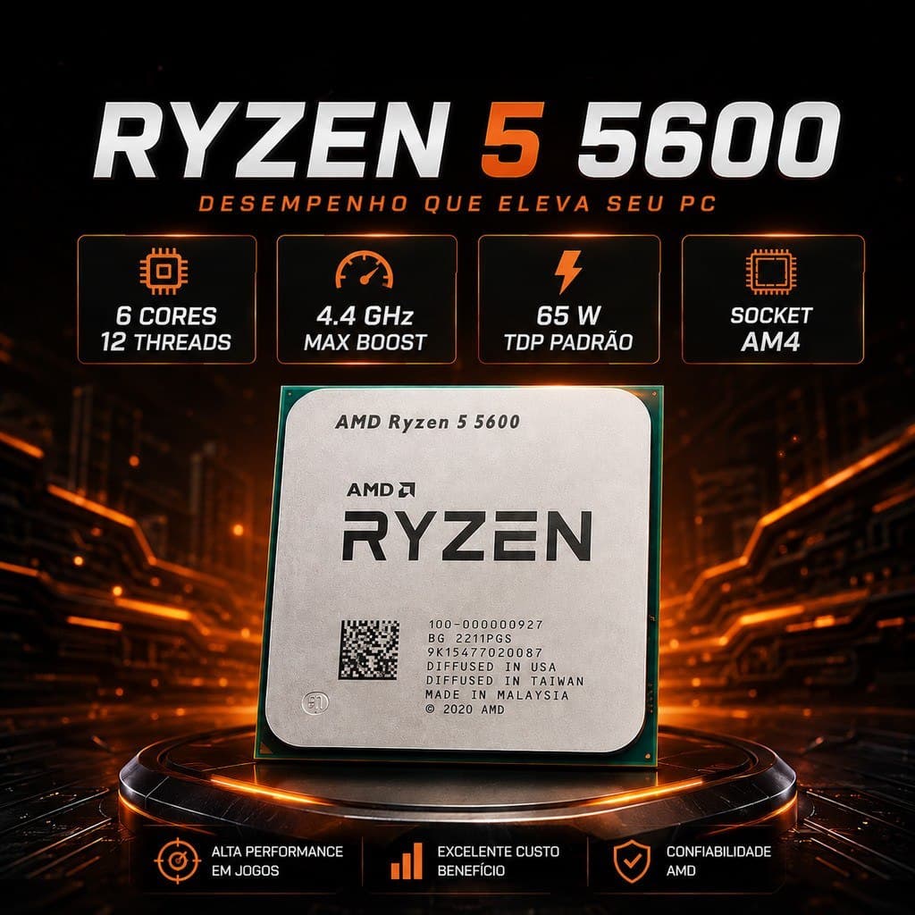 Processador Ryzen 5600 Am4 Amd 6 núcleos 12 threads 3.5GHz Turbo 4.4GHz