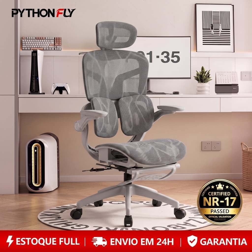 Cadeira Python Fly Ergonômica com Encosto 4D e Coluna S – Mesh Respirável, 3 Posições, Ajuste de Altura, Ideal para Home Office