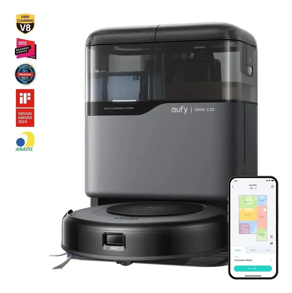 Robô Aspirador Anker eufy C20 3 em 1 Estação Tudo em Um Sucção 7000Pa Corpo Ultrafino 8,5cm Esvaziamento Limpeza e Secagem Automática Mapeamento Laser Multinível Escova Antiembaraç