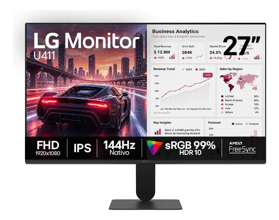 Monitor Lg 27" Fhd Ips 1ms (Mbr), 144Hz Nativo, FreeSync, Hdr10, sRGB, Modo leitura, Flicker Safe, Hdmi, Black Stabilizer, Dynamic Action Sync, Preto - 27U411b