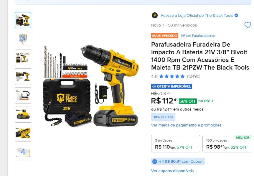 Parafusadeira Furadeira De Impacto A Bateria 21V 3/8” Bivolt 1400 Rpm Com Acessórios E Maleta Tb-21Pzw The Black Tools