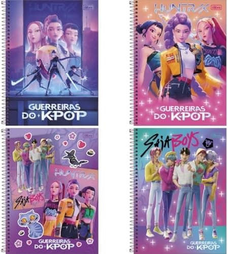 Kit de Cadernos, Tilibra, 10 Matérias, Capa Dura, Guerreiras do K-Pop, 160 Folhas, Pacote com 4