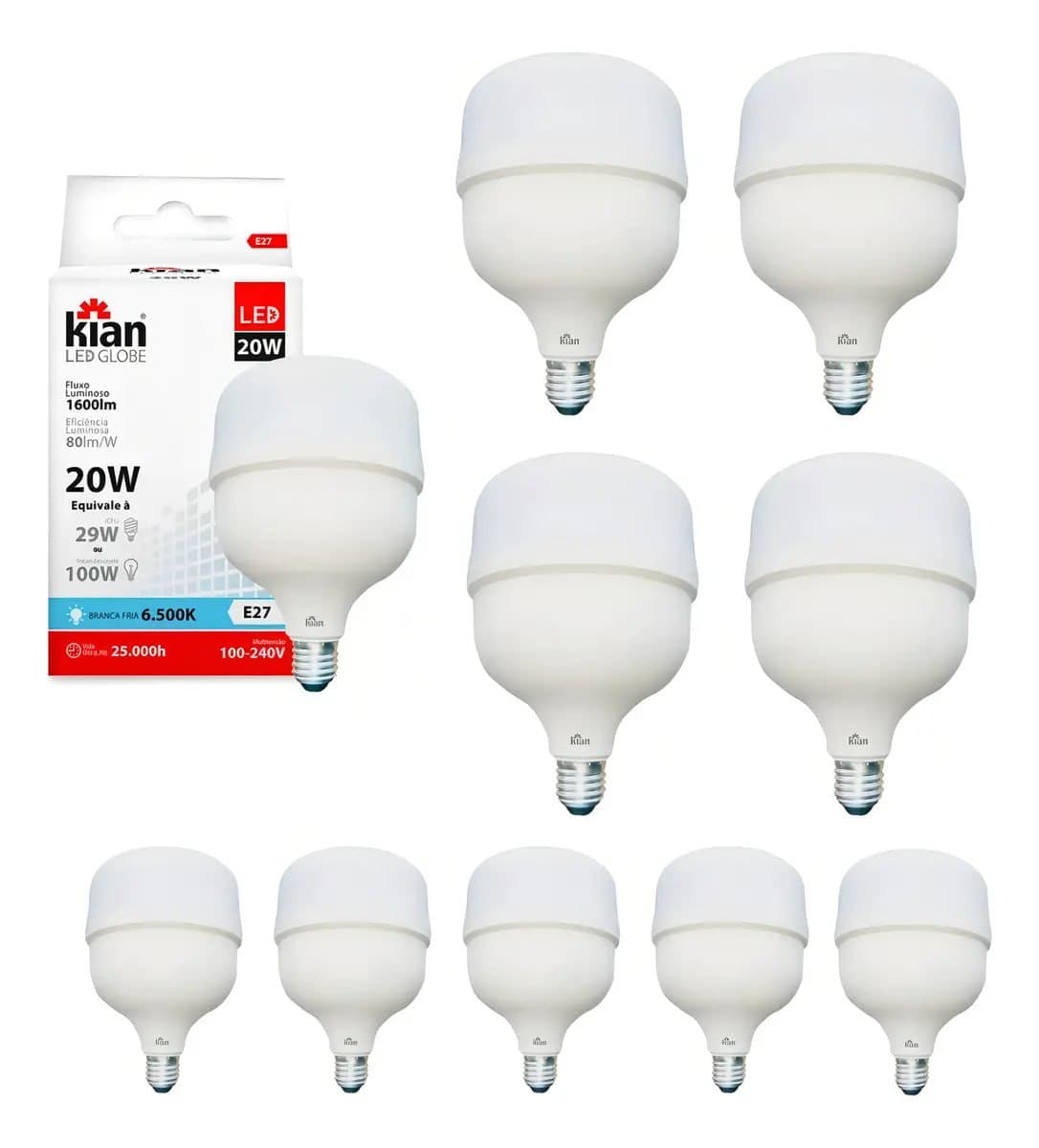 Kit 10 Lâmpadas Led 20w Bulbo E27 6500k Branco Frio - Kian