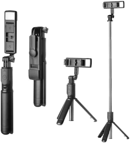 Bastão Pau de Selfie e Tripé de Mesa com Luz de Led para Celular Ajustável 360º Controle Bluetooth Destacável Suporte para Telefone Tripe de Viagem, Gravação de Vídeo Vlog, Vlogging, Cameras de Ação