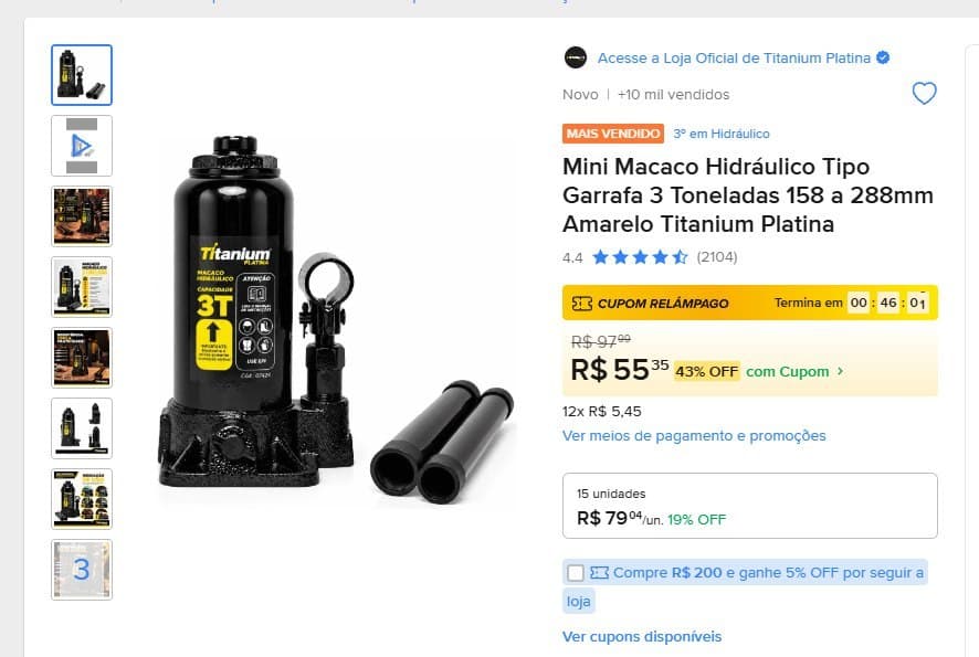 Mini Macaco Hidráulico Tipo Garrafa 3 Toneladas 158 a 288mm Amarelo Titanium Platina