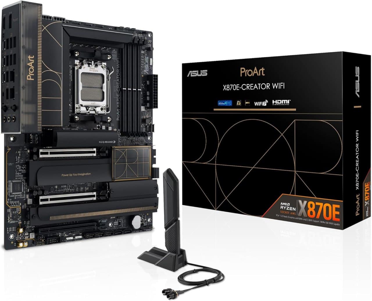 ASUS ProArt X870E-CREATOR WiFi, placa-mãe AMD X870E ATX, slots PCIe 5.0 x16 com suporte total para GPUs de próxima geração, 16+2+2 estágios de energia, DDR5, dual USB4, 10 Gb e LAN de 2,5 Gb, WiFi 7,