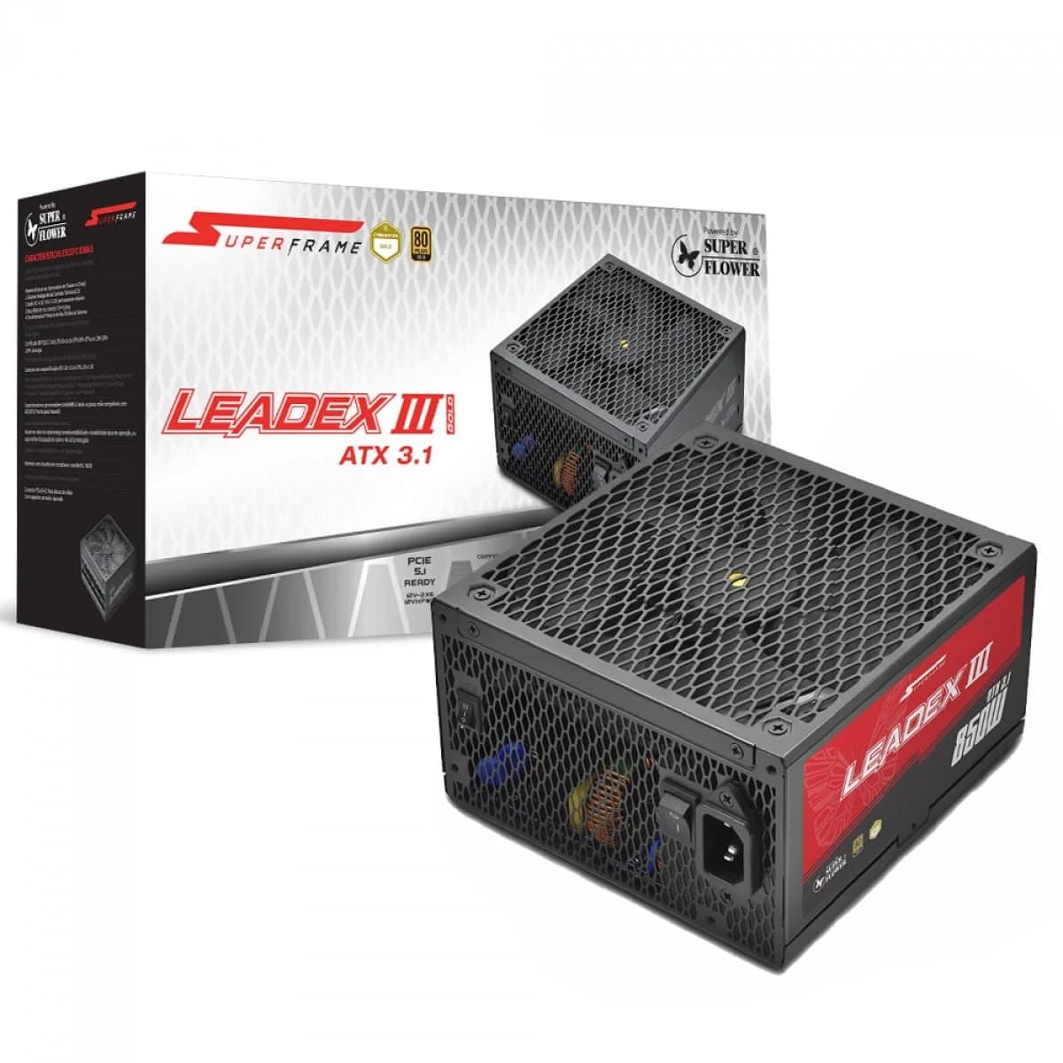 Fonte SuperFrame Leadex III Powered By Super Flower, 850W, 80 Plus Gold, Cybenetics Gold, Full Modular, ATX 3.1, SF-850F14GE