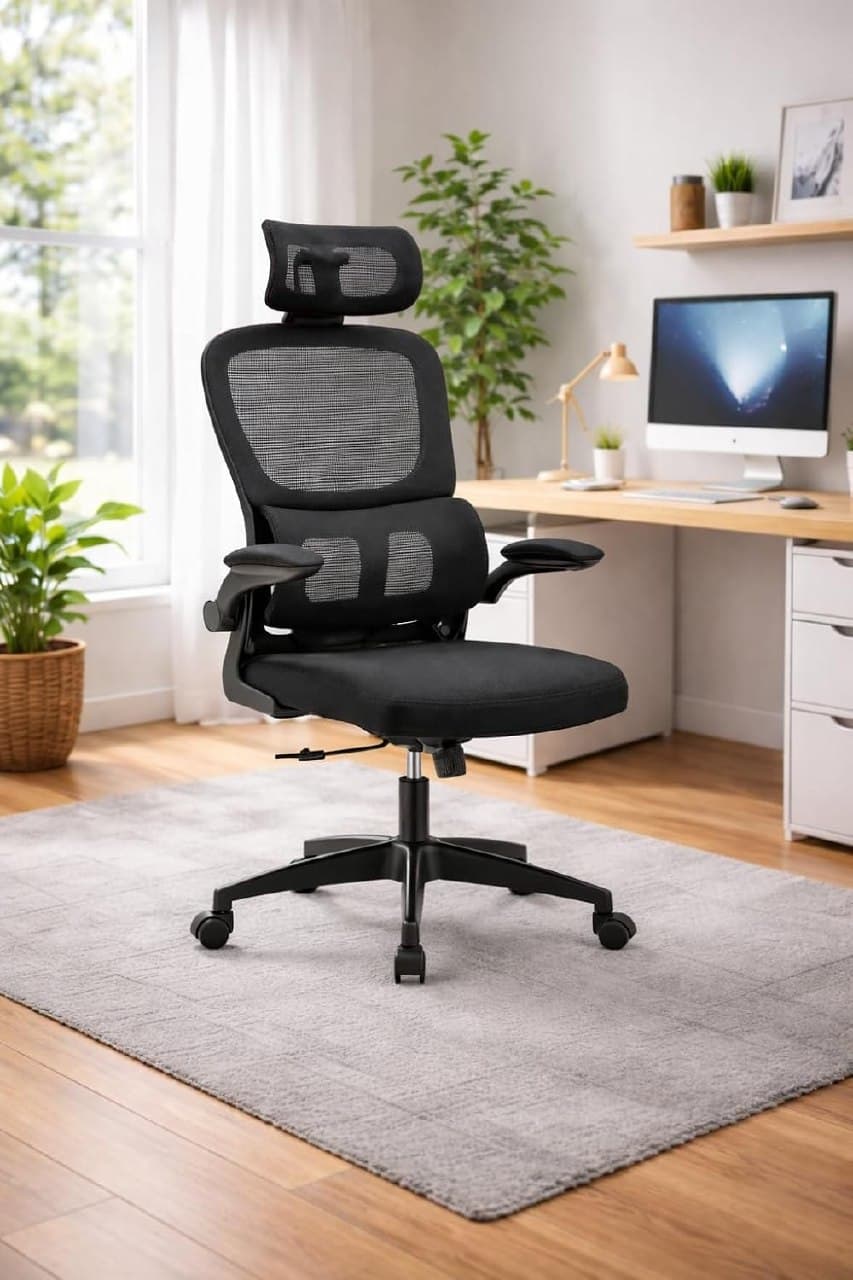 Cadeira de Escritório Ergonômica Estofada Preta com Regulagem de Altura e Rodízios