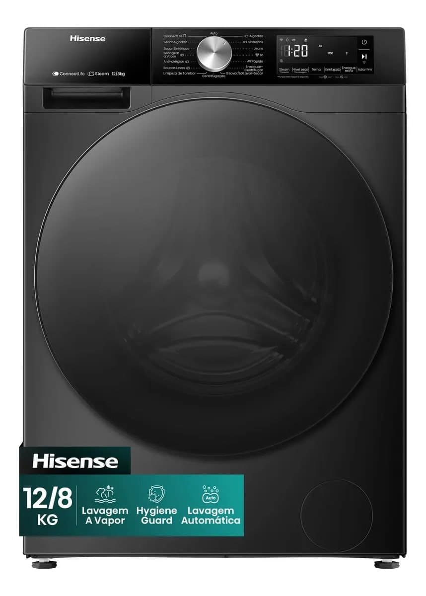 Lava e Seca Hisense 3S 12kg / 8kg Wi-Fi, 4 em 1, Inverter, 16 programas, Ciclo Rápido, Economia de Água-WD3S1243