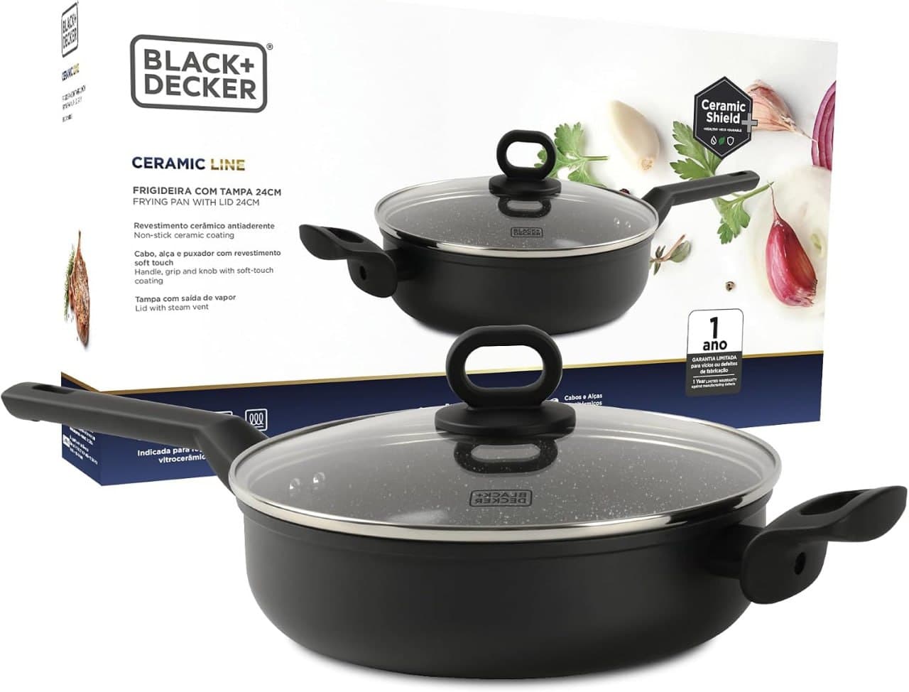 BLACK+DECKER FRIGIDEIRA COM TAMPA 24 CM 2,7 LITROS CERAMIC LINE - CORPO COM REVESTIMENTO CERÂMICOANTIADERENTE COM ACABAMENTO EXTERNO NA COR PRETA E BASE COMPATÍVEL COM INDUÇÃO - BLACK