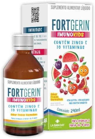 Fortgerin ImunoKids 240ml Contém zinco e 10 vitaminas | Auxilia na imunidade com vitaminas A, B6, B12, C e o zinco auxiliam no sistema imune. Contém zinco e 10 vitaminas