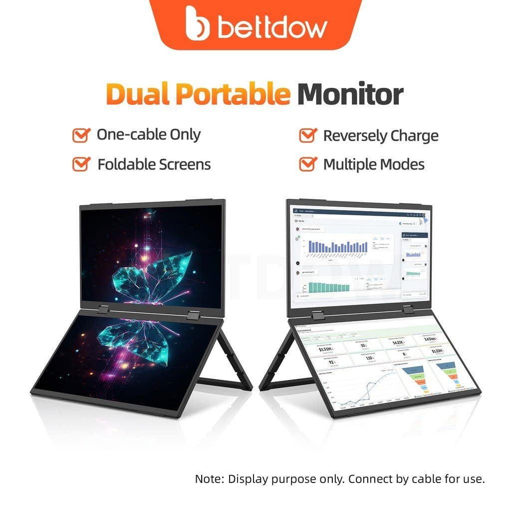 BETTDOW Monitor De Tela Dupla De 15.4 Polegadas Dobrável 315 Graus Portátil 16 : 9 IPS FHD Display Com Suporte