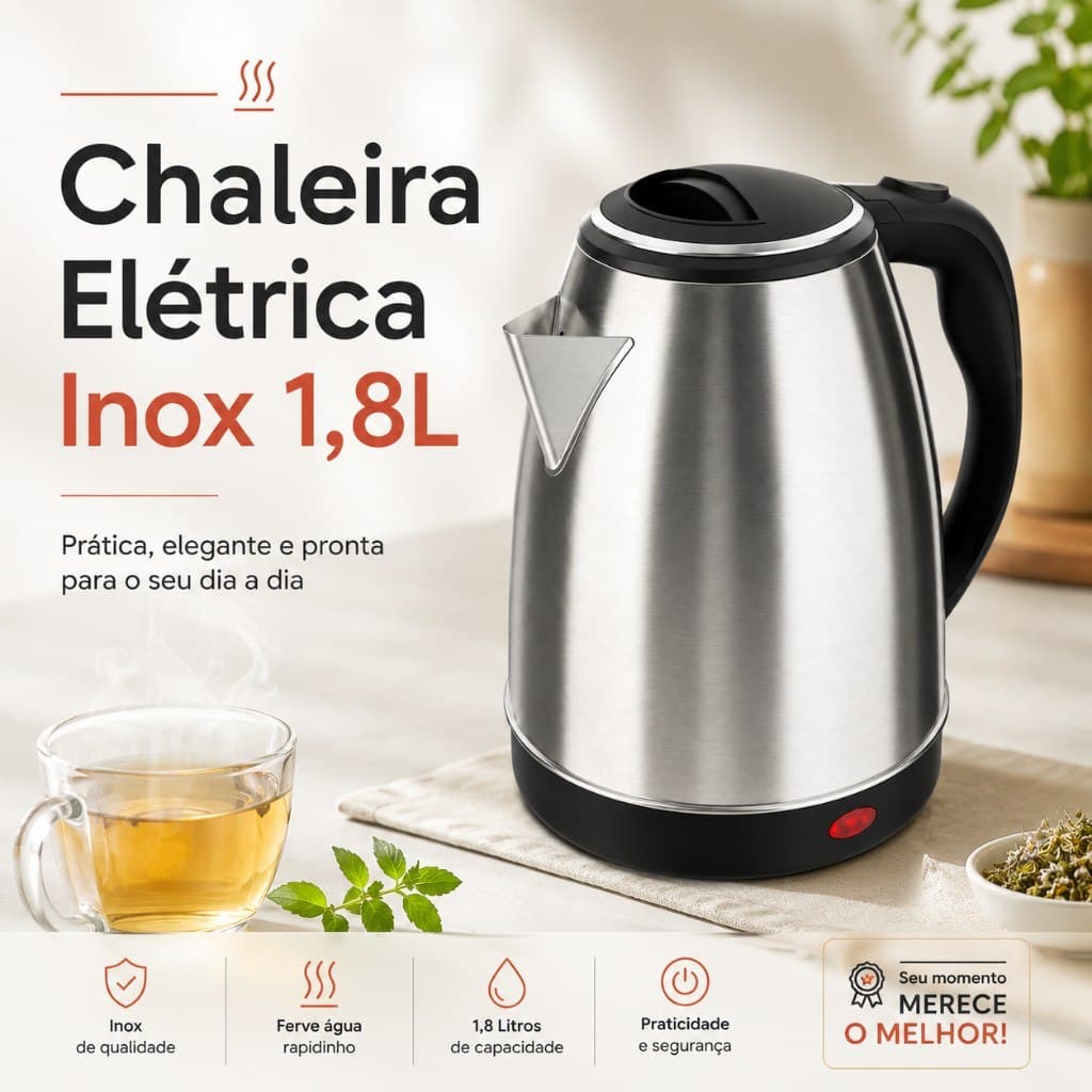 Chaleira Jarra Elétrica 110V ou 220V 1.8 Litros Inox Prateada