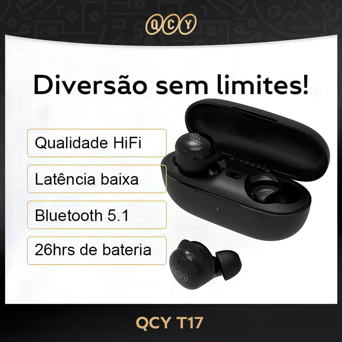 Fone Qcy T17 Bluetooth 5.1 Modo Game E Cancelamento De Ruído Cor Preto