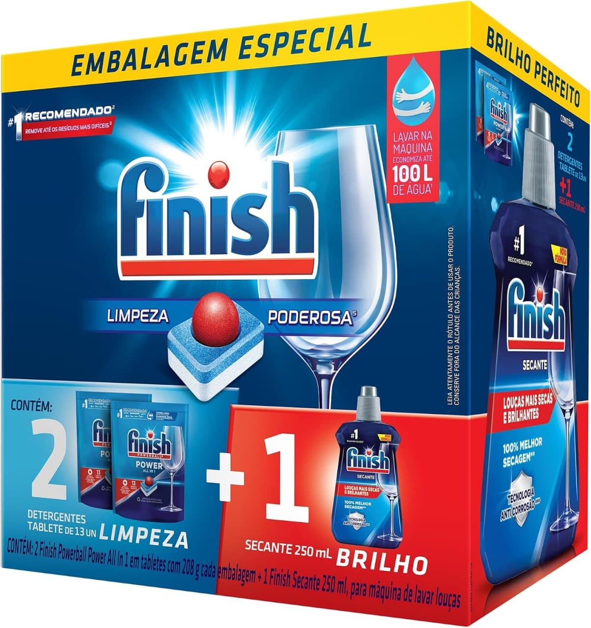 Kit 2 Detergentes Lava Louças Finish Powerball 13 tabs + 1 Finish Secante 250ml