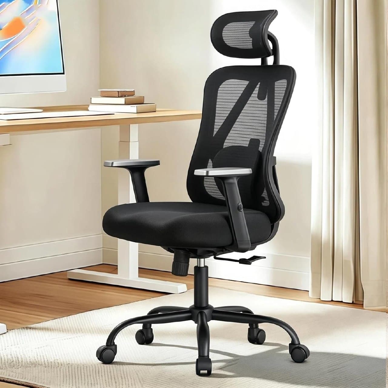 Cadeira de Escritório Ergonômica Preta, Mesh Respirável com Apoio Lombar