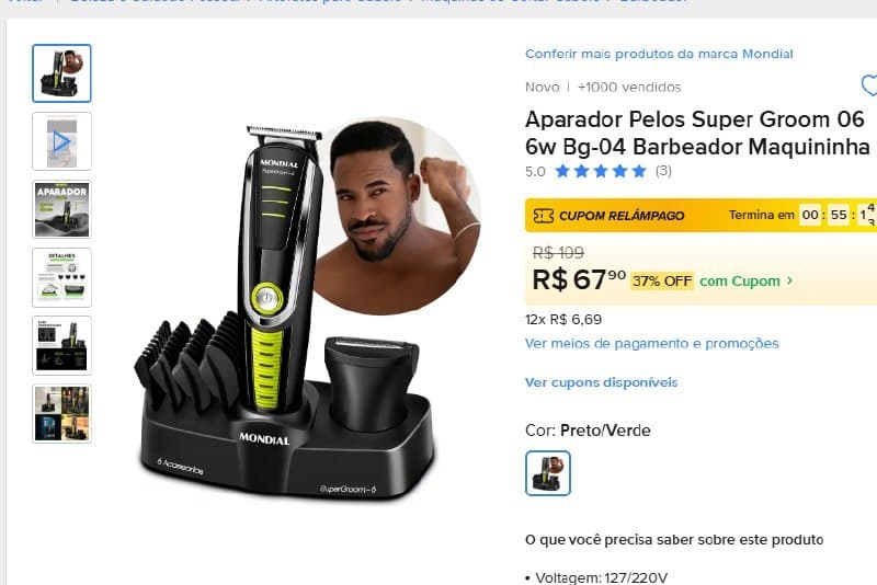 Aparador Pelos Mondial Super Groom 06 6w Bg-04 Barbeador Maquininha