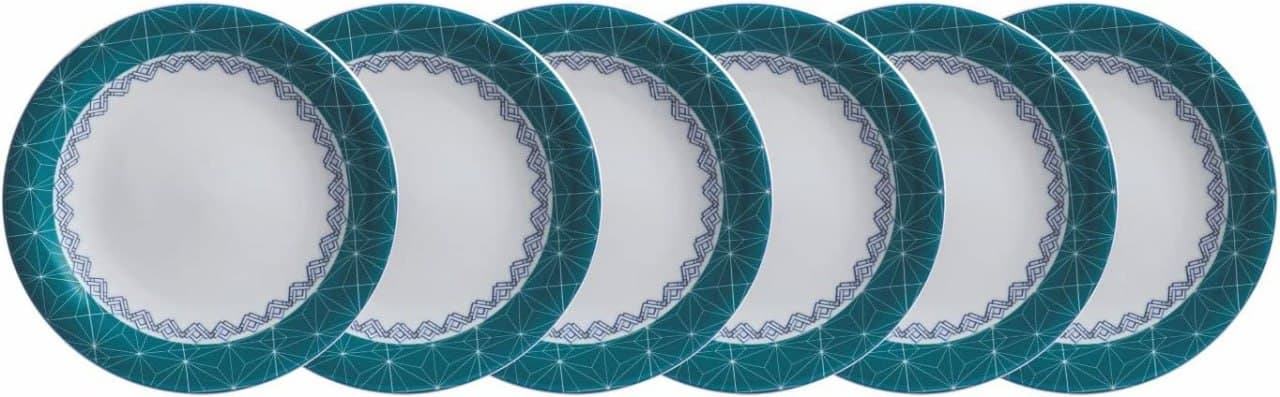 Estojo com 6 Pratos Sobremesa em Porcelana, Modelo Redondo Voyage Coup, Decoração Itacaré, Azul, Porcelana Schmidt