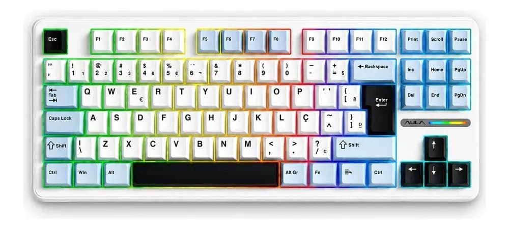 Teclado Mecânico Aula F87 Branco Rgb Sem Fio Tri Mode Bluetooth 2.4GHz Usb-C