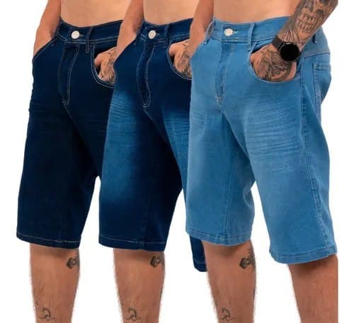 Kit 3 Bermudas Jeans Masculina Lycra Elastano