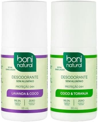 Boni Natural - Kit Desodorante Roll-On Lavanda & Coco 55 ml + Roll-On Coco & Toranja 55 ml, Vegano, Proteção 24 Horas, Sem Álcool Etílico e Sem Cloridrato de Alumínio