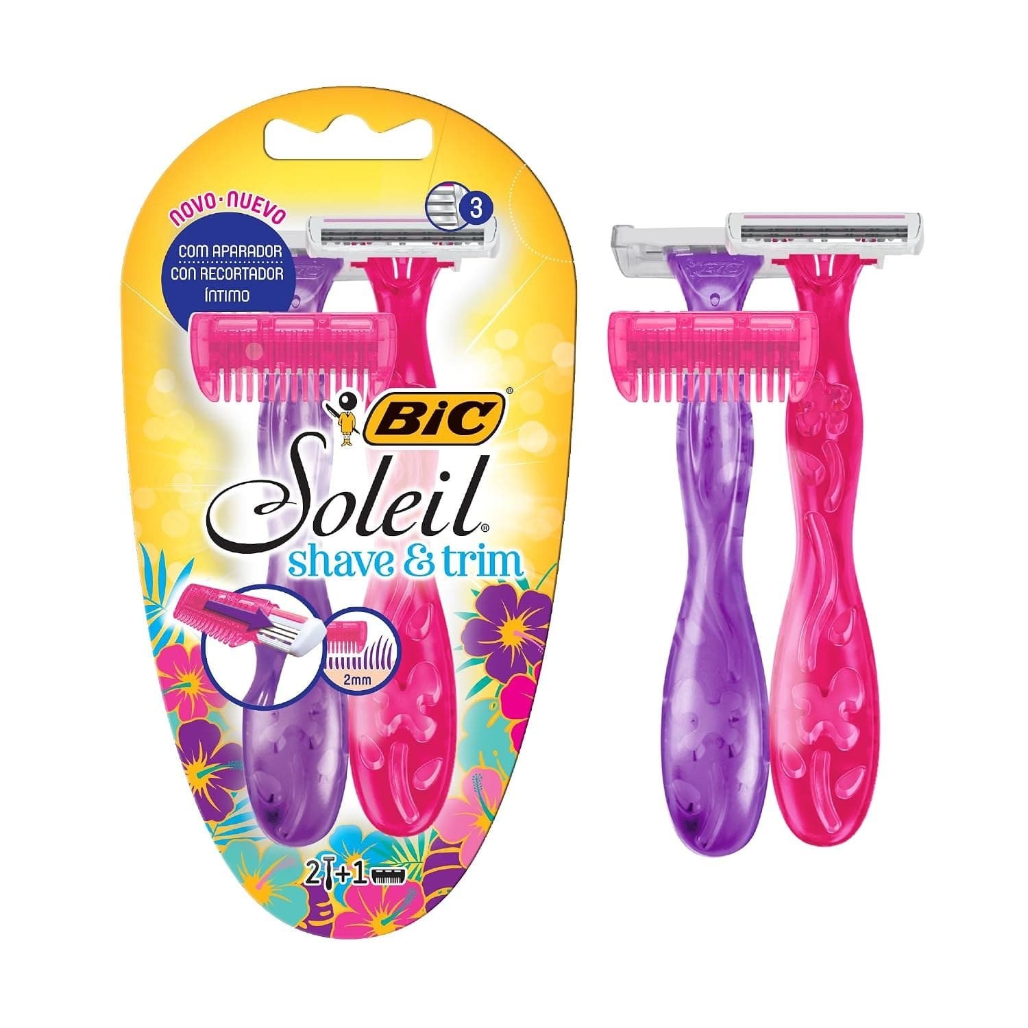 Bic Aparelho De Depilação Soleil Shave & Trim 3 Lâminas Siga Eonomiz Rosa E Roxo 930184 2 Unidades + Aparador De Pelos Rosa/Roxo Pacote De 2