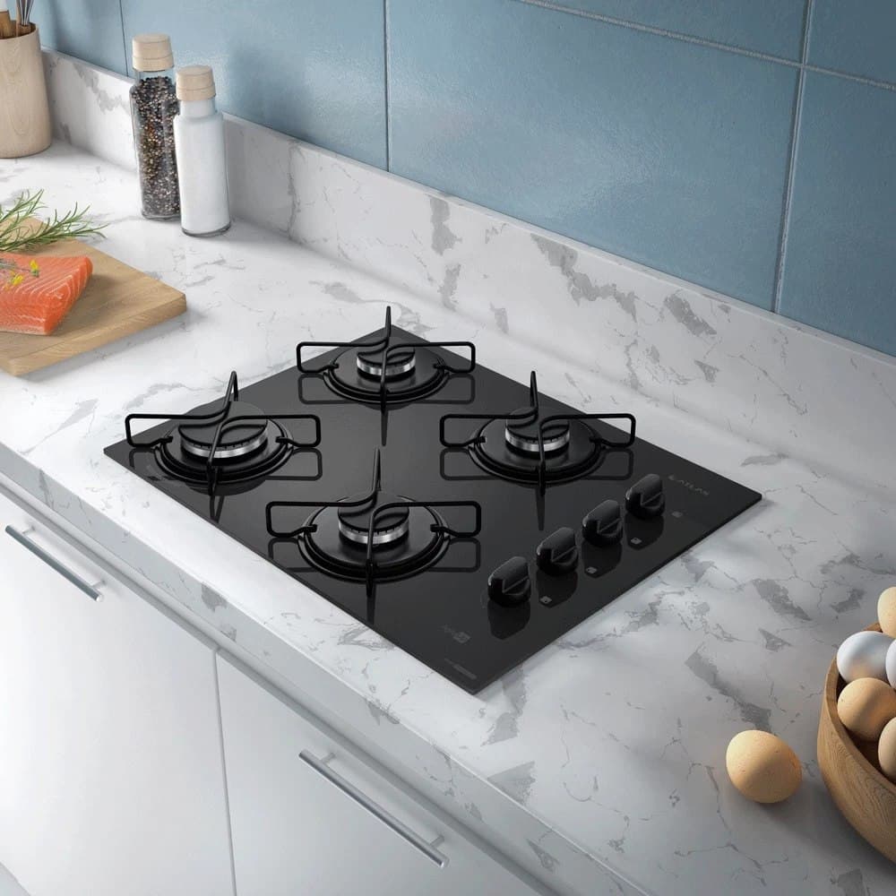 Cooktop 4 Bocas a Gás Atlas Agile Up com Mesa de Vidro e Queimador Mega Chama Preto Bivolt