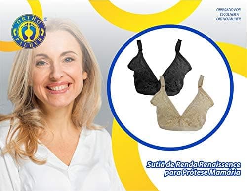 Sutiã para Prótese Mamária Ortho Pauher Renaissance, Tamanho 38 | Preto, Rendado, Encaixe discreto em seu interior, 90% Poliamida, 10% Poliéster