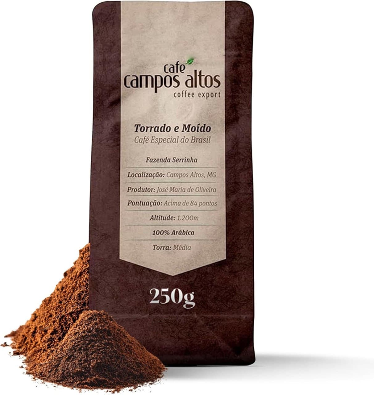10x Café Campos Altos Especial Moído 250g, Arábica Catuaí Vermelho, 84+ Pontos