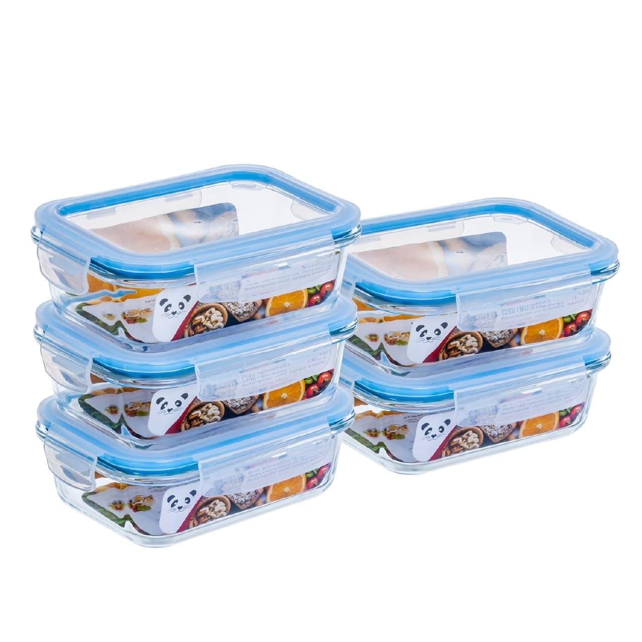 Kit com 5 Potes de Vidro Gato Panda, 640 ml, Retangular, com Tampa Hermética