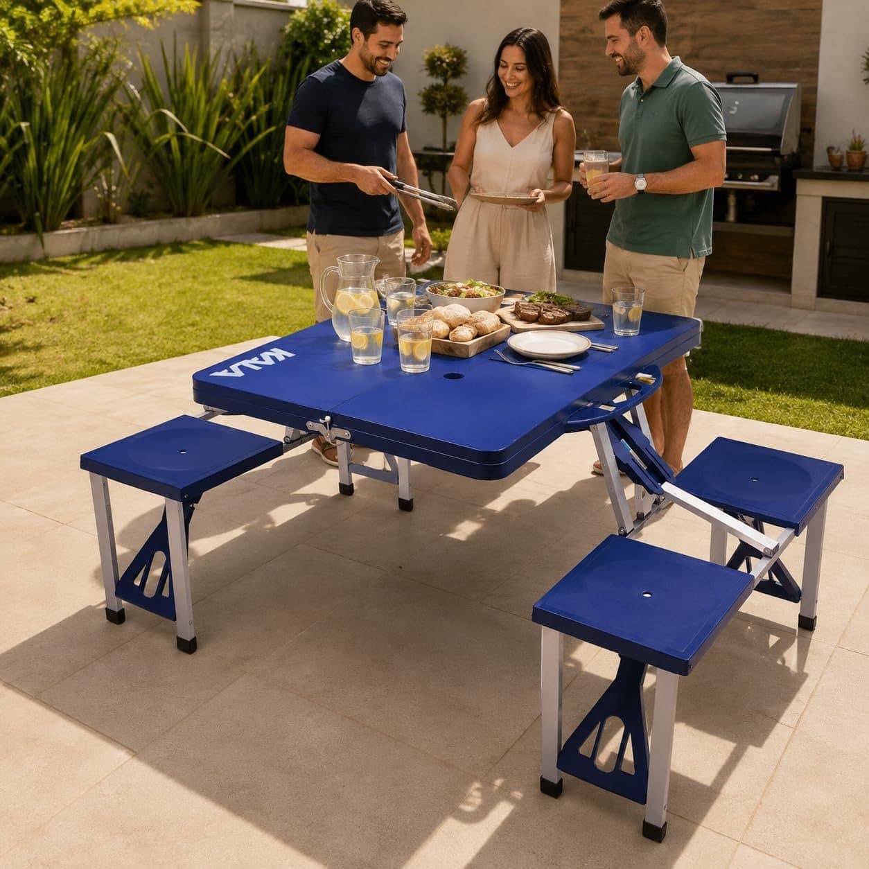 Mesa Dobrável Kala Deluxe Azul com 4 Banquetas de Alumínio para Camping