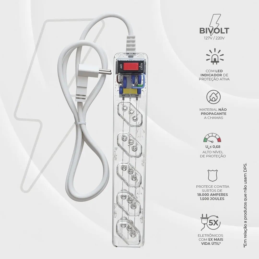 iCLAMPER Energia 5 Tomadas LCF Transparente Filtro de Linha e Protetor Elétrico DPS Bivolt