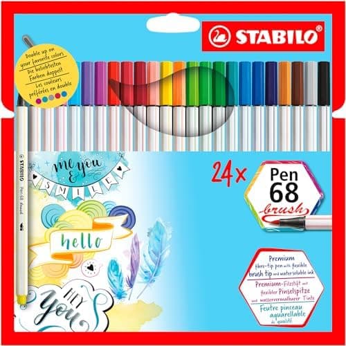 STABILO Pen 68 brush Caneta Brush Premium – Estojo com 24 unidades – Em 24 cores