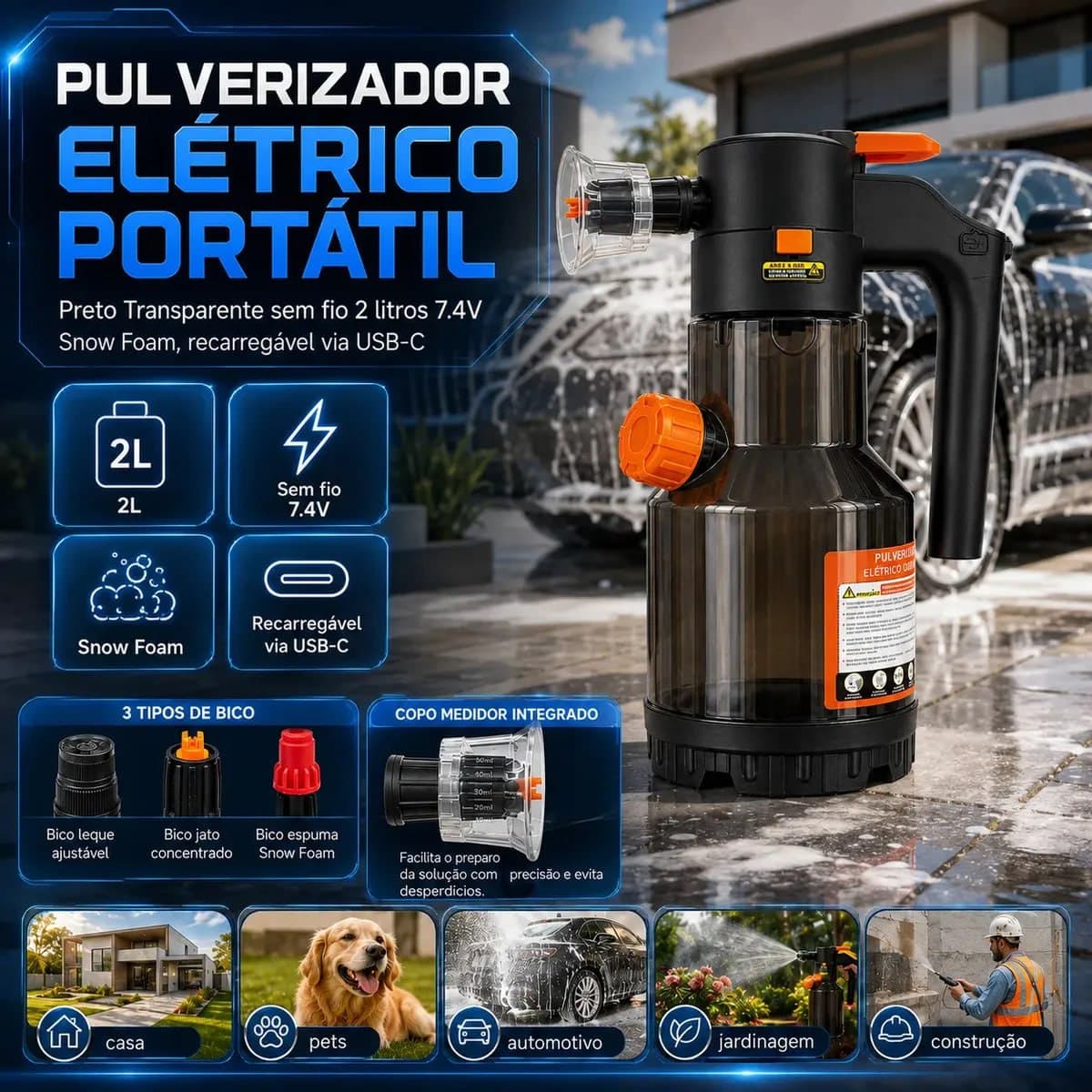 Pulverizador Elétrico Snow Foam para Carro, Moto e Jardim – 2 L