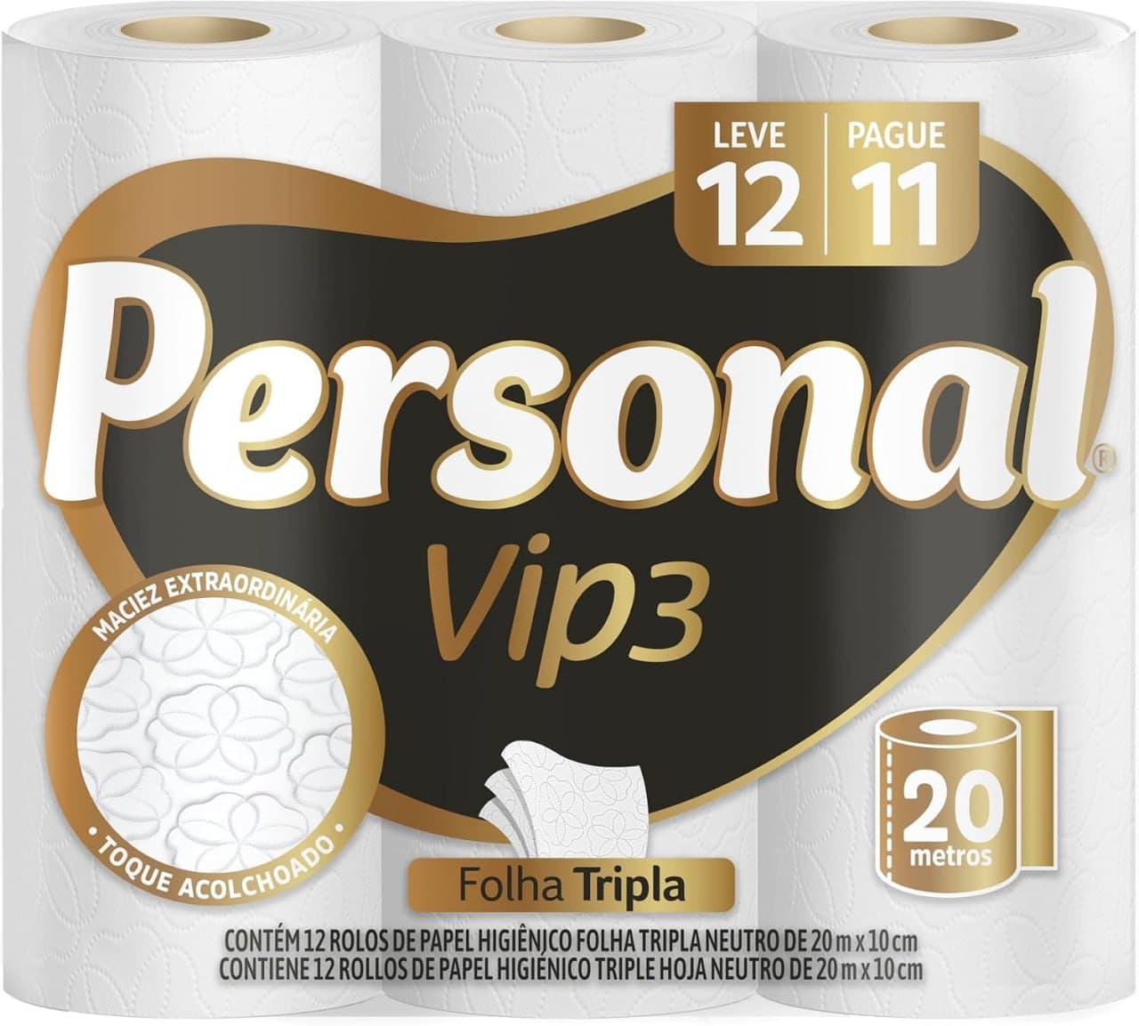 Personal Papel Higiênico Vip Folha Tripla Com 12 Rolos De 20M