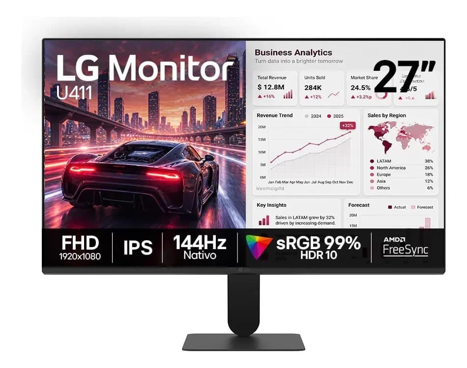 Monitor LG FHD Gamer & Office tela IPS 27”, 1ms (MBR), 144Hz Nativo, FreeSync, HDR10, sRGB, Modo leitura, Flicker Safe, HDMI, Black Stabilizer, Dynamic Action Sync, Preto - 27U411B