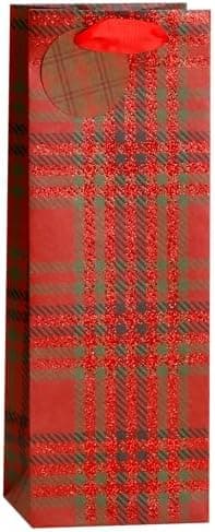 Rio Master Sacola de Papel para Vinho Xadrez Vermelho e Verde | Sacola para garrafa em xadrez vermelho e verde para presentear vinho no Natal